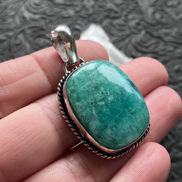 Amazonite With Black Tourmaline Inclusions Crystal Stone Jewelry Pendant - Picture 3 of 7